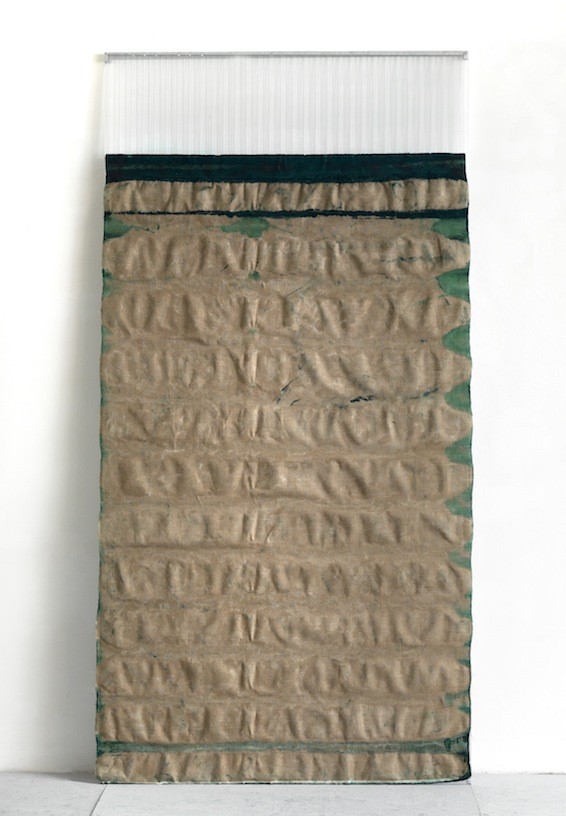 Untitled, 2011, Pigment, glue on canvas, polycarbonate, coloured tape, 250 x 123 cm