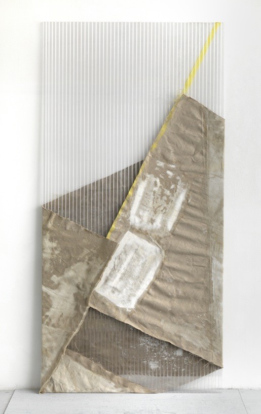 Untitled, 2011, Watercolour, spraypaint on canvas, polycarbonate, colored/transparent tape, 200 x 98 cm