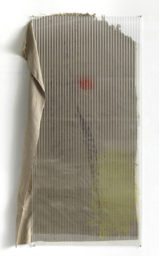 Untitled, 2011, Watercolour, pigment, glue on canvas, polycarbonate, spraypaint, 200 x 130 cm