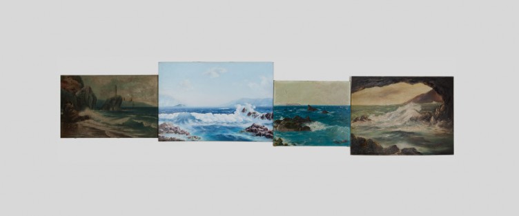 Horizon #4, 2011, Found oil paintings on canvas of amateur painters, 4 canvases 307 x 71 cm (total dimension)