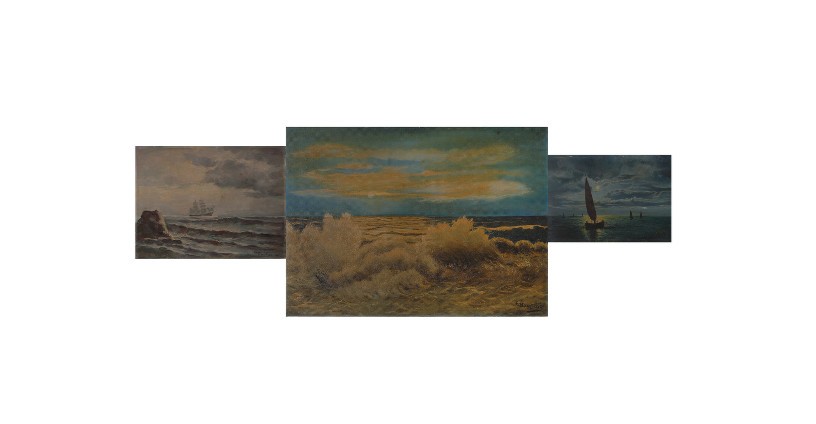 Horizon #3, 2010, ound oil paintings on cardboard of amateur or unknown painters, 3 canvases 100 x 45cm (total dimension)