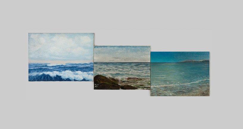 Horizon #6, 2011, Found oil paintings on canvas of amateur painters, 3 canvases 122,5 x 43cm (total dimension)