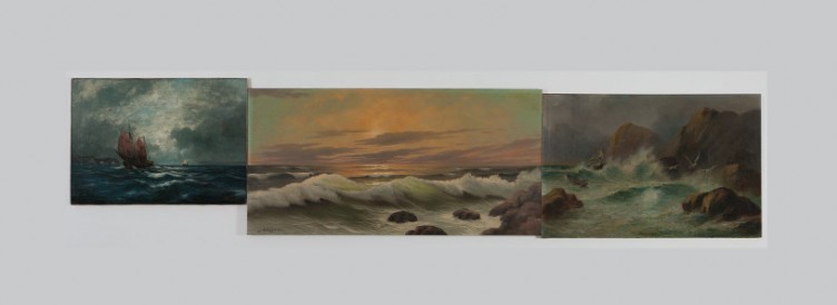 Horizon #5, 2011, Found oil paintings on canvas of amateur painters, 3 canvases, 278 x 64,5 cm (total dimension)