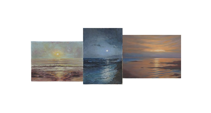 Horizon #6, 2011, Found oil paintings on canvas of amateur painters, 3 canvases 122,5 x 43 cm (total dimension)