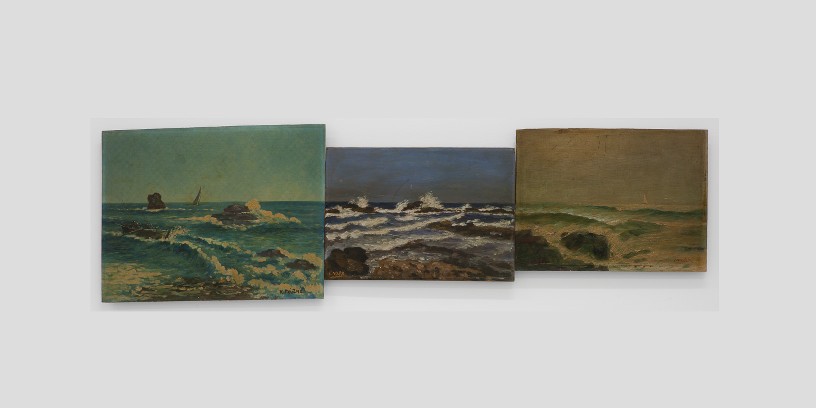Horizon #9, 2011, Found oil paintings on canvas of amateur painters, 3 canvases 106 x 30 cm (total dimension)