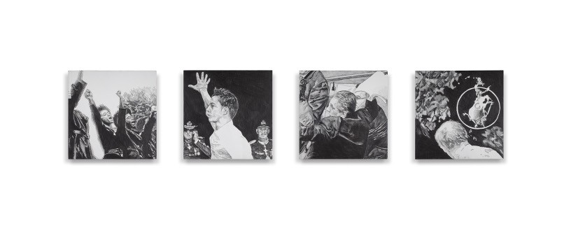 Uncle Huey Wants You, 2012 (detail), Oil, acrylic, pencil on 8 panels 4 panels, 18 x 18 cm and 4 panels 13 x 13 cm