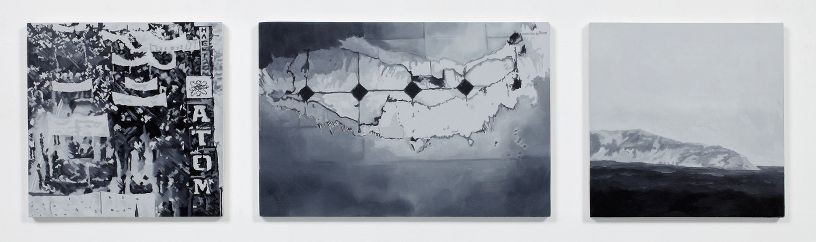 Alternate Geographies 1, 2011, Oil and acrylic on 3 panels, 2 panels 21 x 21 cm, 1 panel 21 x 31 cm