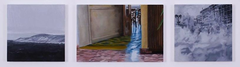 Alternate Geographies 2, 2011, Oil and acrylic on 3 panels, 2 panels 21 x 21 cm, 1 panel 21 x 31 cm