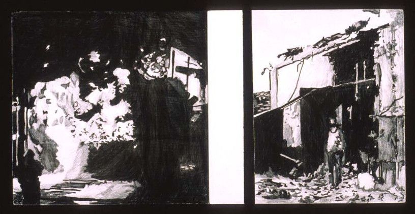 Elbin (from the series Disaster Postcards), 2006, acrylic and pencil on panel, 2 parts, 13 x 13 cm each panel