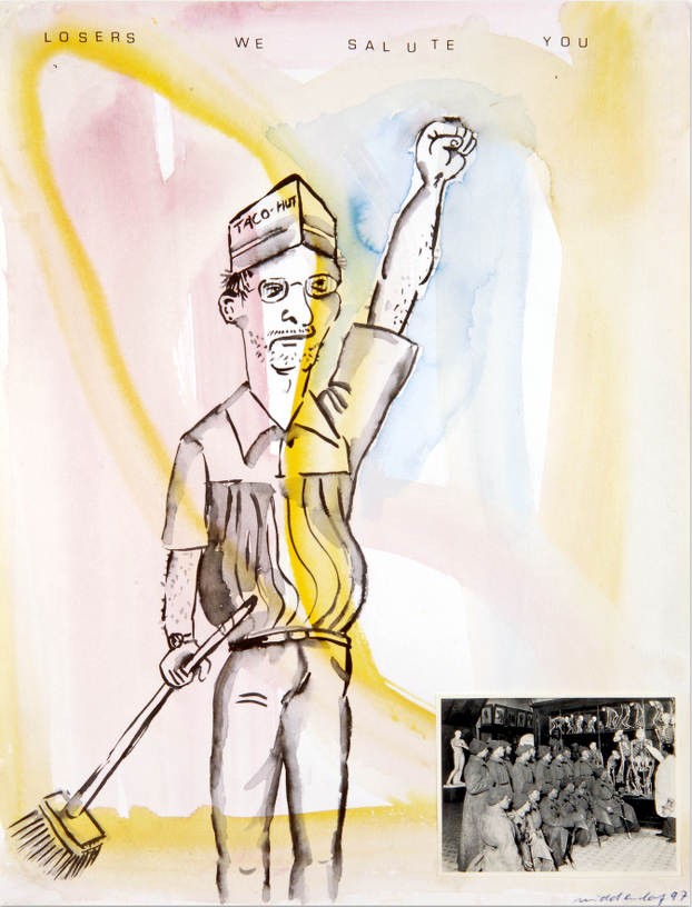 Losers we salute you, 1997, Watercolour, pencil and collage on paper, 38.7 x 29.6 cm