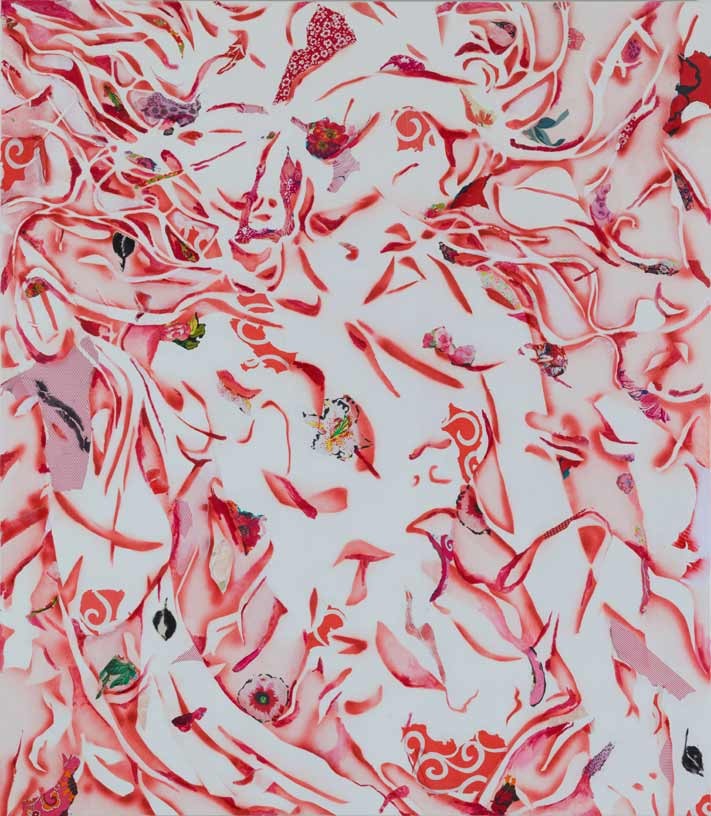 Collectors items, 2010, acrylic, paper and textile on canvas, 160 x 140 cm