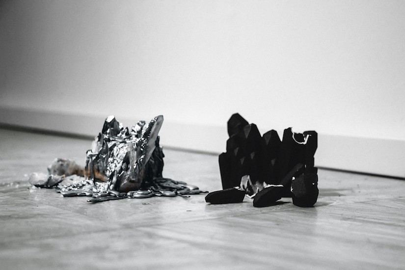 Cloud to Ground, Crystal Natural and Technical, 2013, Quartz crystal, cast aluminium, lead and silver, black satin ceramic 3d printed
