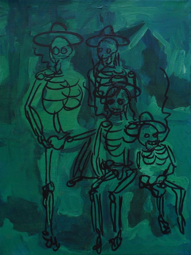 Rachtwurst 10 (The Smokers), 2009, oil and marker pen on canvas, 40,5 x 30,5 cm
