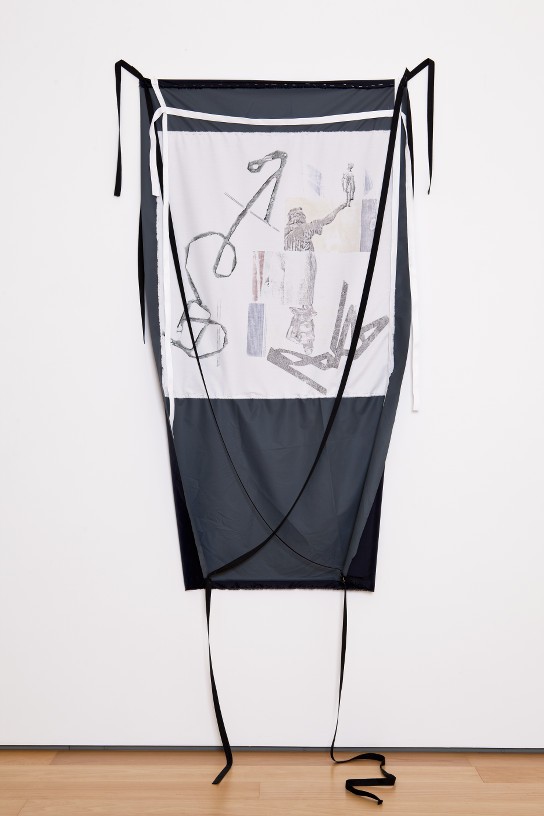 Lost timeline - bronze figures, 2013, Print on fabric, pins, 153 x 84 cm