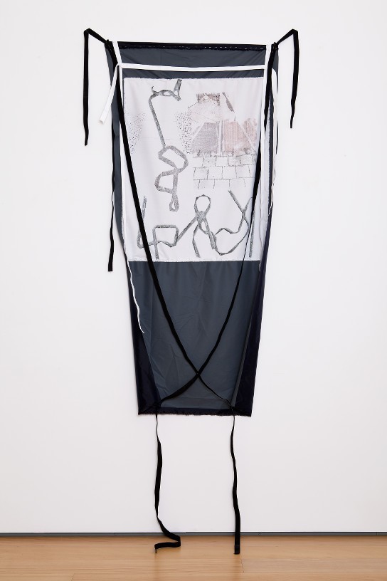 Lost timeline - die welt in Teilen, 2013, Print on fabric, pins, 156 x 72 cm