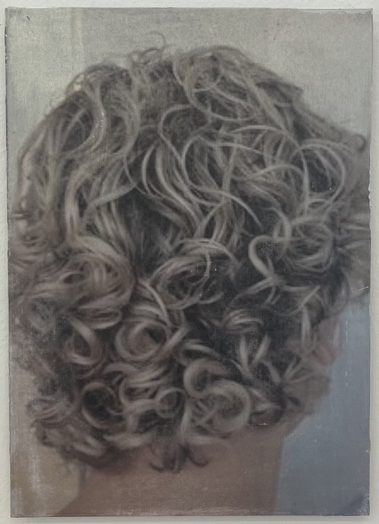 Eleni Bagaki, Head (blond), 2025, Phototransfer on aluminium sheet, 28 x 20 cm