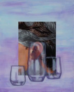 Eleni Bagaki, Still life with glasses, 2025, Oil paint, oil pastel and printed image on canvas, 50 x 40 cm