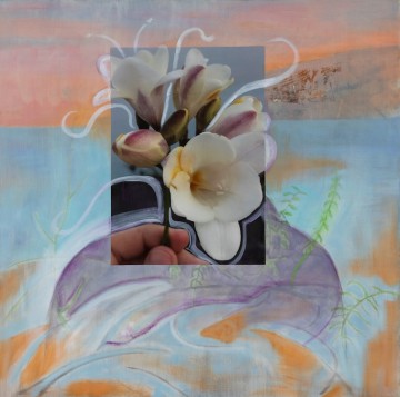 Eleni Bagaki, Still life with flowers, 2025, Oil paint, pencil, oil pastel and printed image on canvas, 76 x 76 cm
