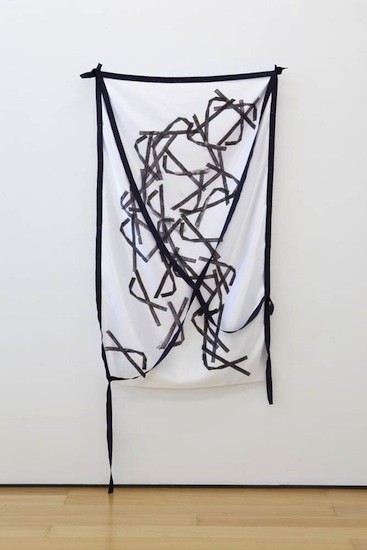 Where is my body after love, 2016, Monotype on fabric, ink, band, pins, 150 x 87 cm