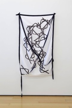 Where is my body after love, 2016, Monotype on fabric, ink, band, pins, 150 x 87 cm