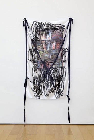 Snacks to buy with money, 2016, Monotype on fabric, ink, band, pins, 148 x 87 cm