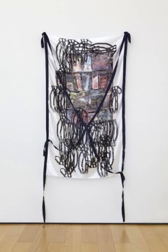 Snacks to buy with money, 2016, Monotype on fabric, ink, band, pins, 148 x 87 cm