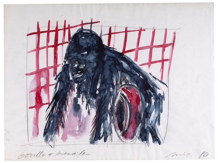 Gorilla + Autoreifen, 1980, Watercolor and pencil on paper, 29.5 x 39.7 cm