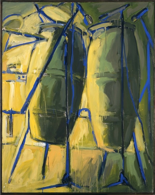Congas-gelb/blau, 1979, Dispersion on muslin, 1.60 x 1.30 m