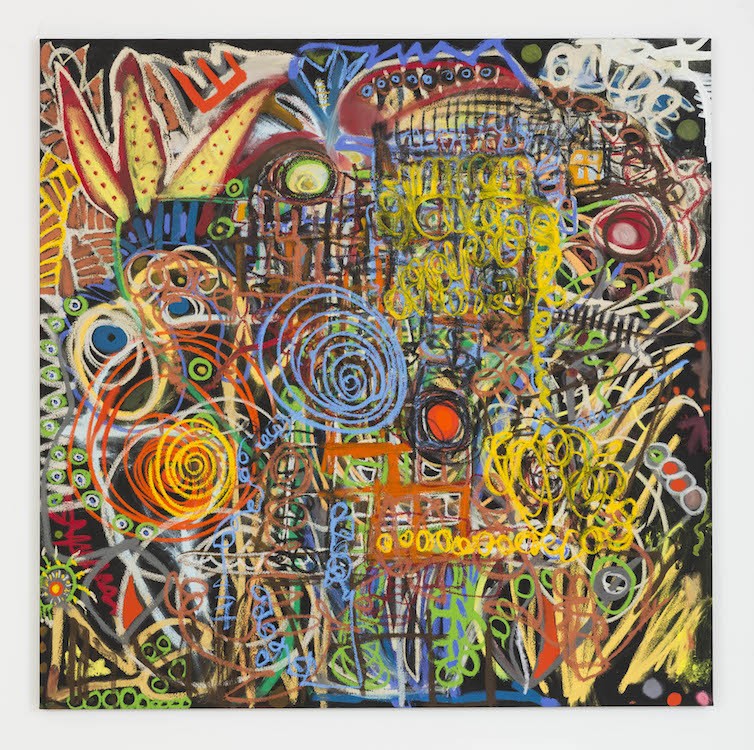 Untitled, 2022, Acrylic, oil, oil stick, spray paint on canvas, 183 x 183 cm