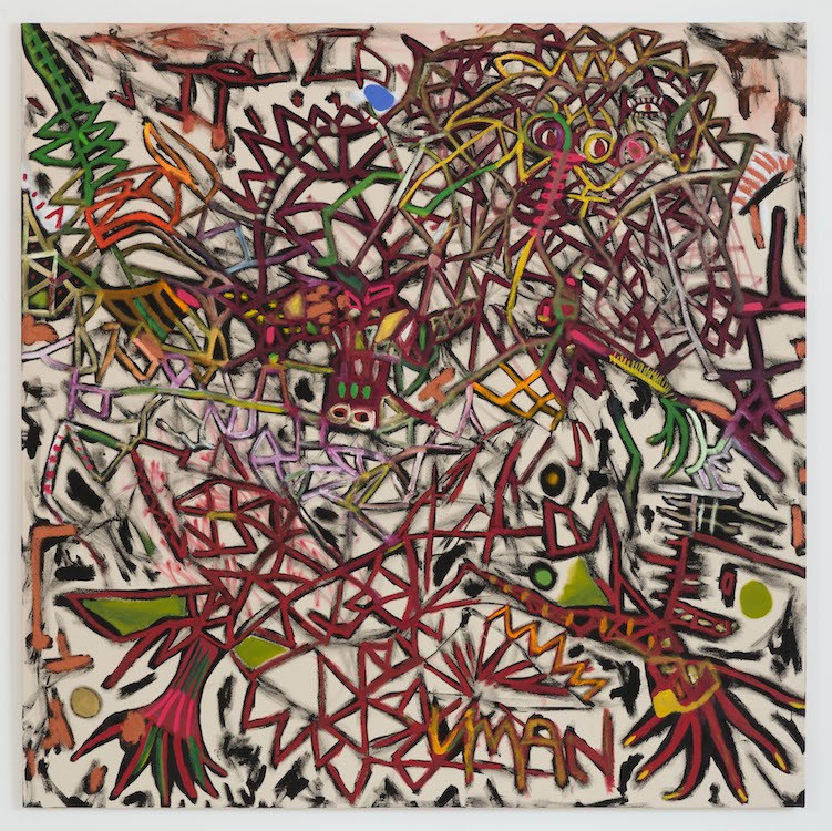 Umanu, 2022, Acrylic, oil, oil stick, spray paint on canvas, 183 x 183 cm