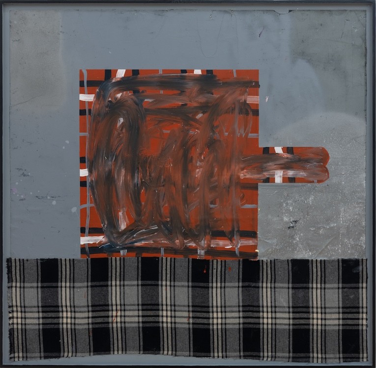 Smashed up tartan, 2023, Oil, spray paint, acrylic, textile on paper in artist-made frame, 103 x 105 cm