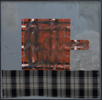 Smashed up tartan, 2023, Oil, spray paint, acrylic, textile on paper in artist-made frame, 103 x 105 cm