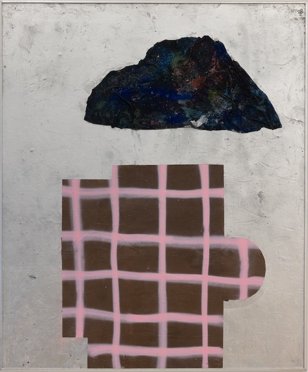 Brown-noser, 2023, Oil, spray paint, textile, paper in artist-made frame, 123 x 102 cm