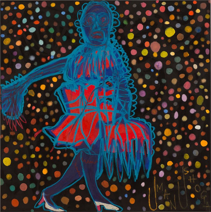 Uman, Lady with Blue Hair and Red Dress, 2019-2021, Oil on canvas, 183 x 183 cm (72 x 72 inches)