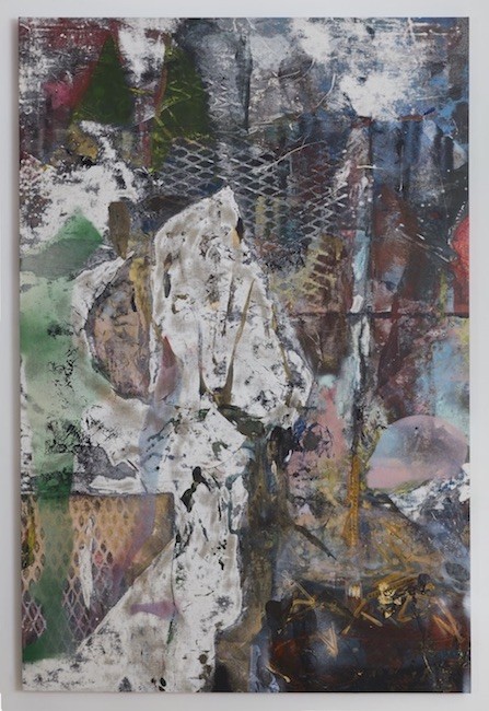 Oqaatsut, 2017, Oil, enamel, salt and alcohol on vinyl, 139.7 x 94 cm