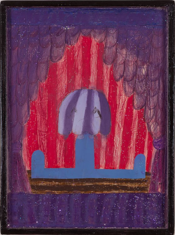 Splits (Stage Fright), 2015 - 2020, Paper, acrylic, spray paint, pastel, ballpoint pen, glitter and coloured pencil on wood in artist-made frame, 45.5 x 33 cm