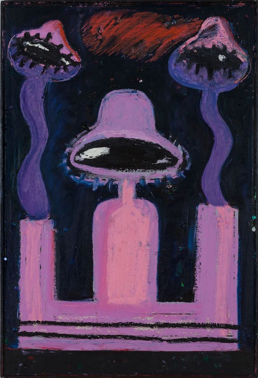 The Snake Charmer ’s Never Ending After Party, 2020, Oil stick, oil pastel and sequins on paper on wood in artist-made frame, 63 x 53 cm