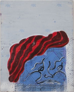 Delirium Portrait, 2020, Acrylic, pastel, spray paint, coloured pencil, sequins, varnish on wood, 71 x 57.5 cm