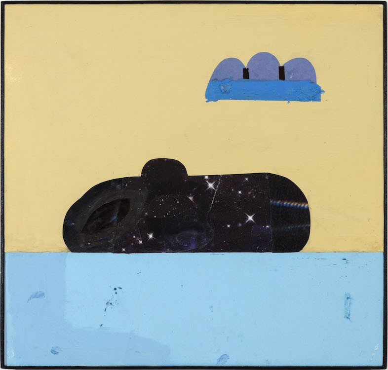 The Calm Before The Storm, 2020, Collage with oil stick and acrylic in artist made frame, 48.5 x 50.5 cm