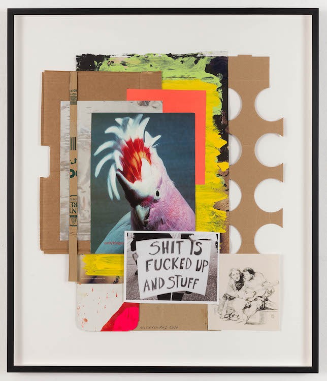 Untitled (Kakadu), 2021, Acrylic and collage on cardboard, 59 x 52 cm